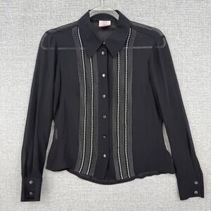 Laura Ashley S‎ Petite Black Sheer Button Up Shirt Embellished Long Sleeve